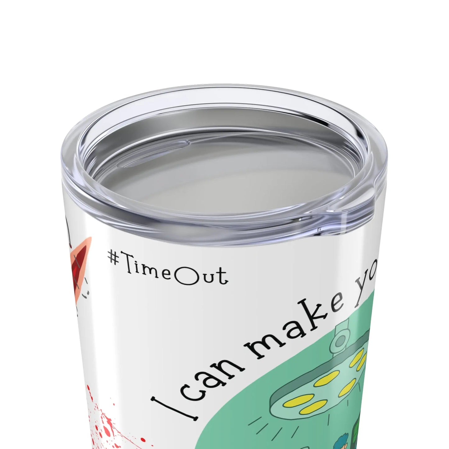 Clear lid on tumbler with text and medical graphics on a white background