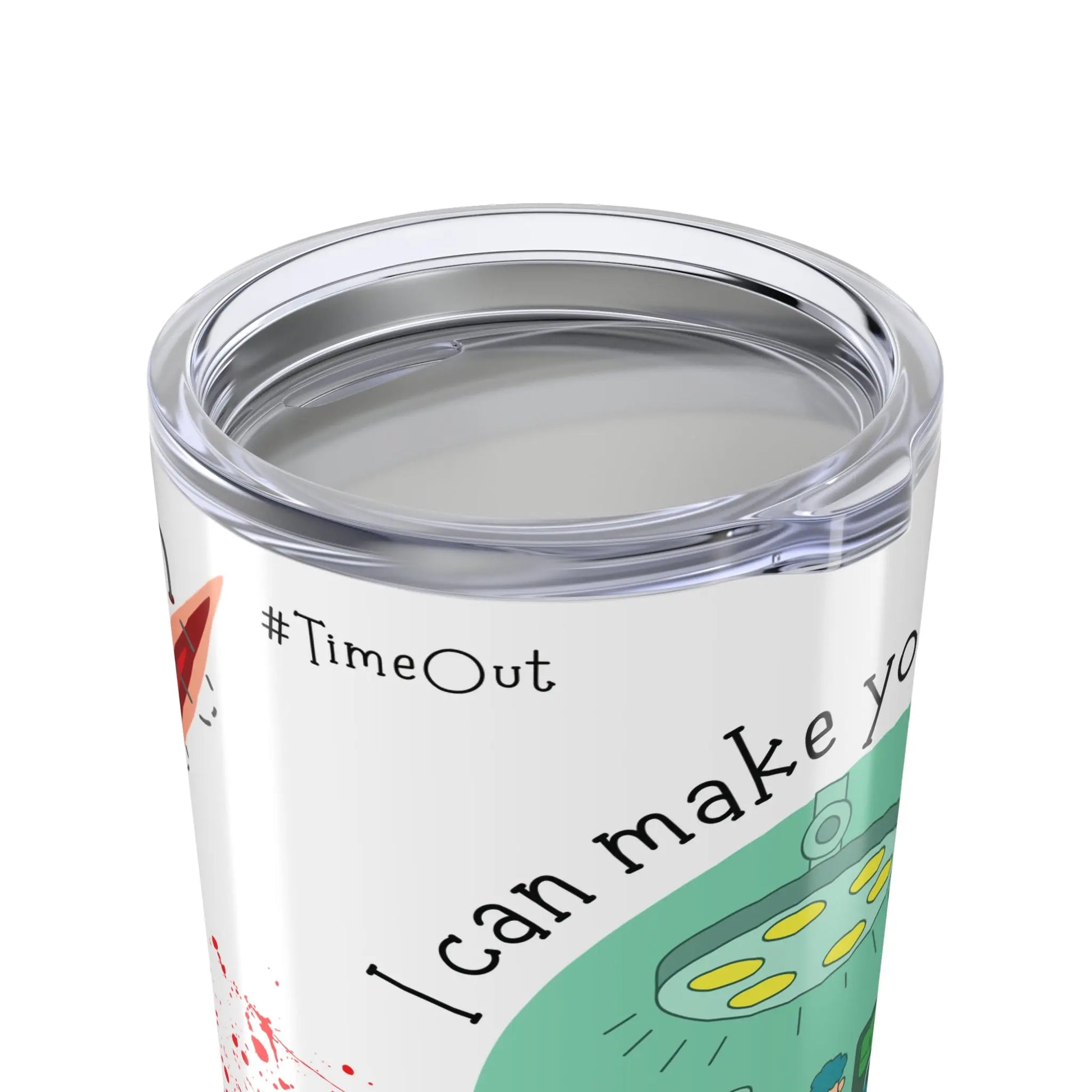 Clear lid on tumbler with text and medical graphics on a white background