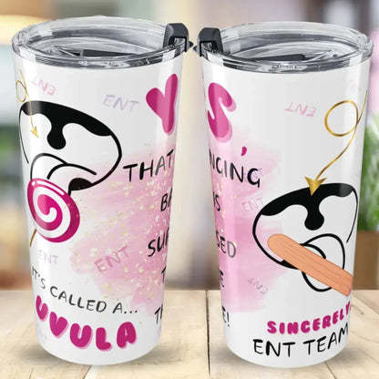 Two tumblers with humorous ENT designs and text on a blurred background