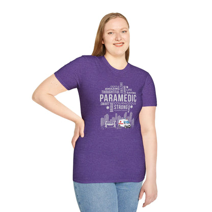 Woman wearing Paramedic Tribute T-Shirt Purple Gentle Amazing Thoughtful Caring Life Saving Smart Brave Courageous Strong Kind 