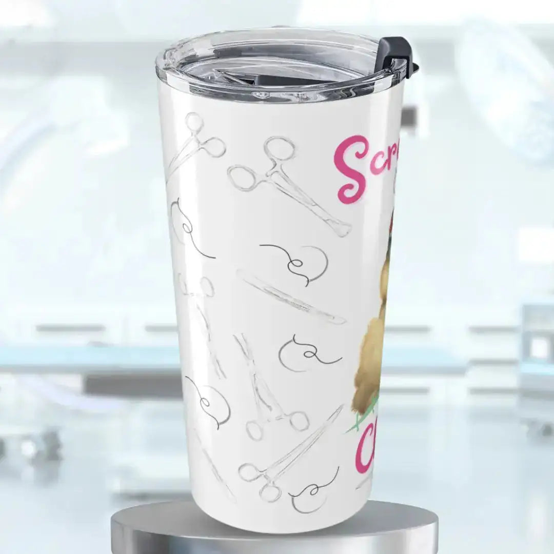 White tumbler with black surgical instruments and suture art and pink text on a clear background