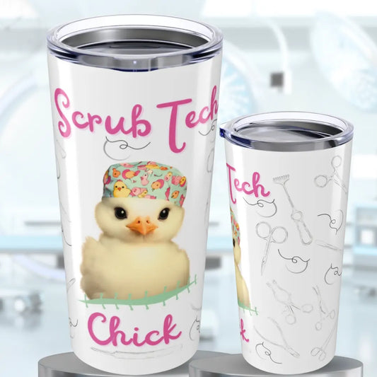 Two tumblers with 'Scrub Tech Chick' design featuring a duck and medical-themed illustrations.