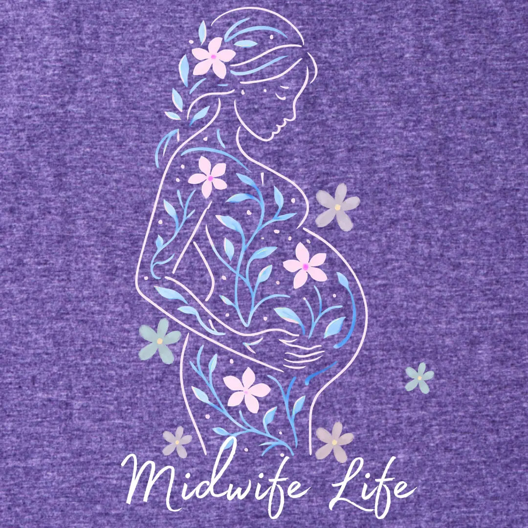 Silhouette of a pregnant woman with flowers on a purple background, featuring the text 'Midwife Life'.