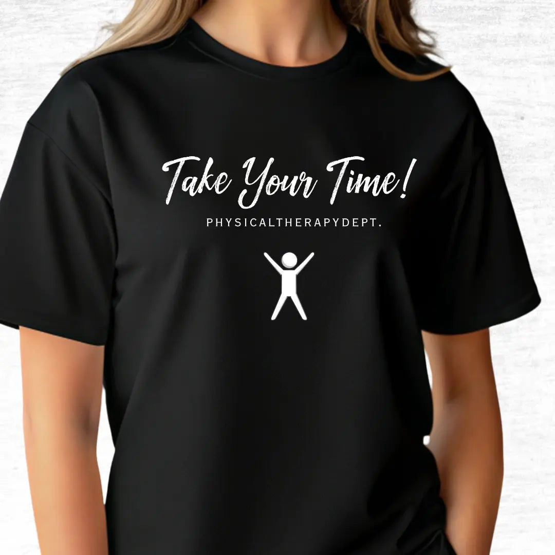 Black physical therapy shirt on a woman with "Take Your Time" logo and white figurine