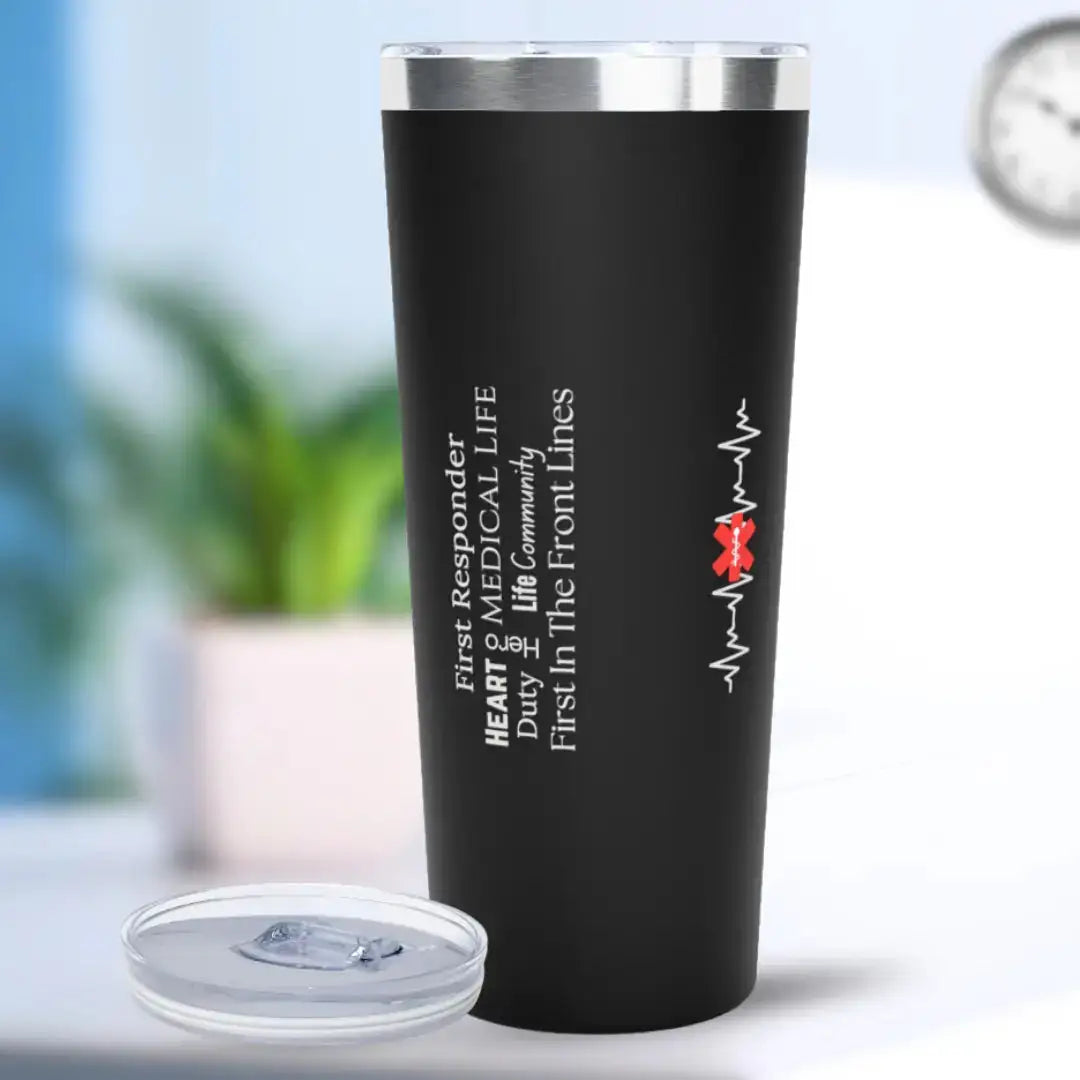 Black tumbler with 'First Responder' text and medical logo on a blurred background