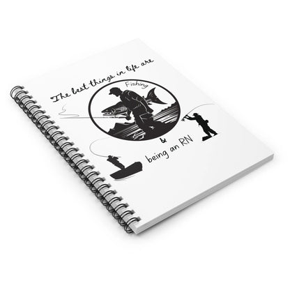 Spiral-bound notebook with fishing and RN-themed design on a white background