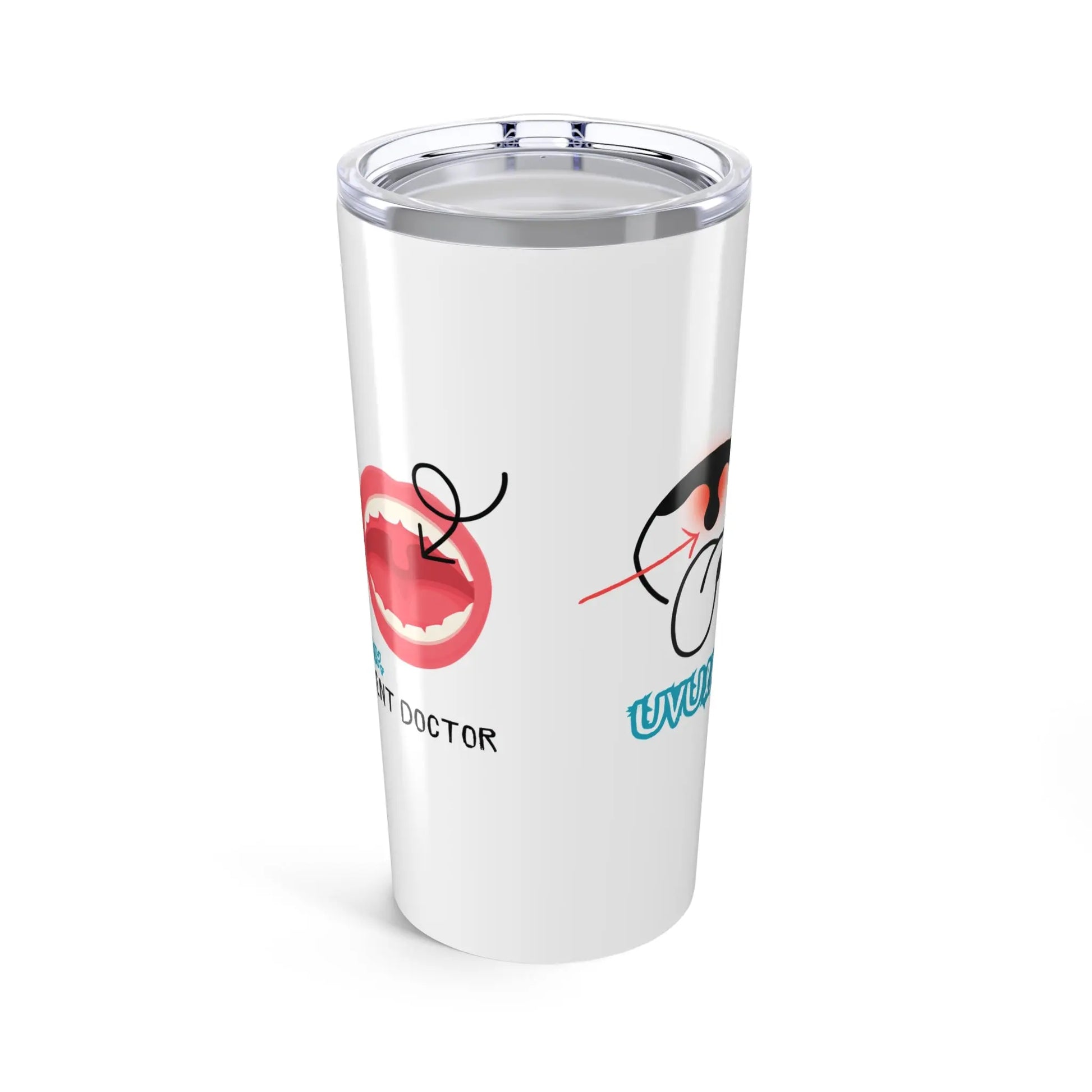 White tumbler with cartoon designs of a uvula and 'Doctor' text on a white background