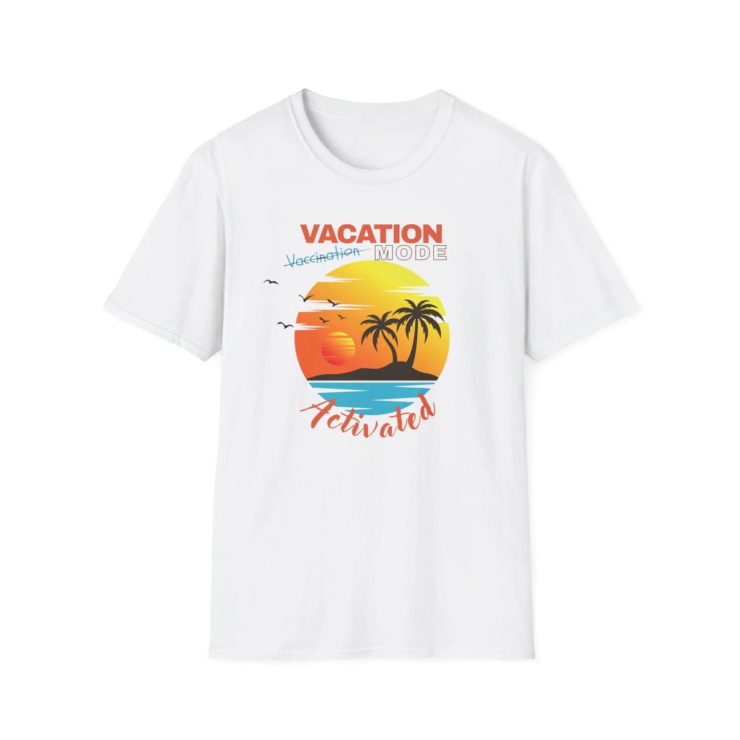 White t-shirt with a colorful graphic design featuring palm trees and ' Vacation Mode' text on a white background