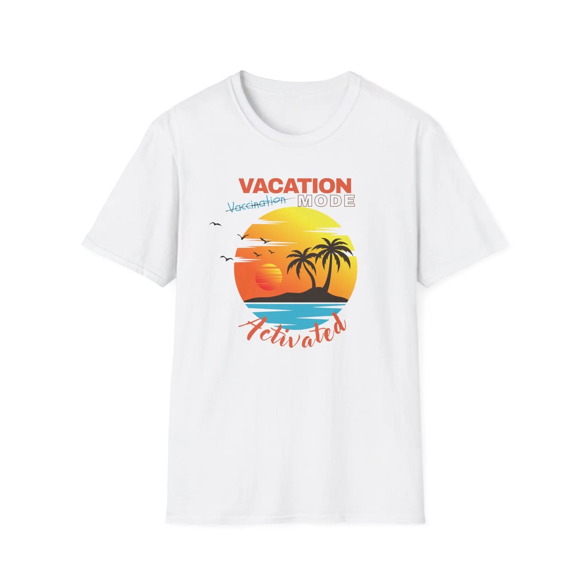 White t-shirt with a colorful graphic design featuring palm trees and ' Vacation Mode' text on a white background