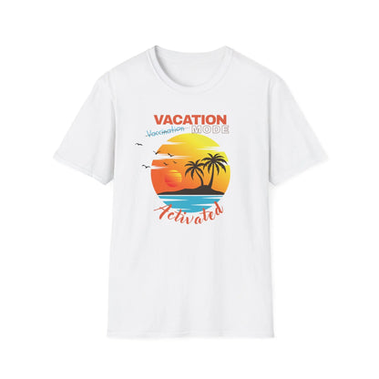 White t-shirt with a colorful graphic design featuring palm trees and ' Vacation Mode' text on a white background
