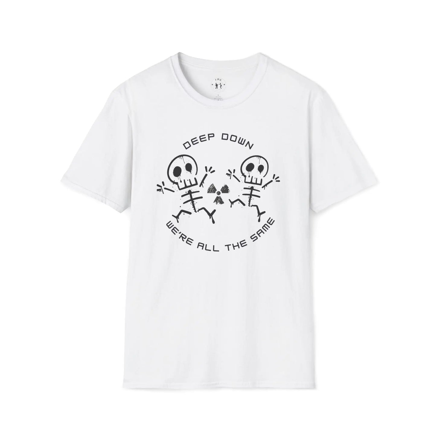 White t-shirt with black skeleton design and 'Deep Down We're All The Same' text on a white background