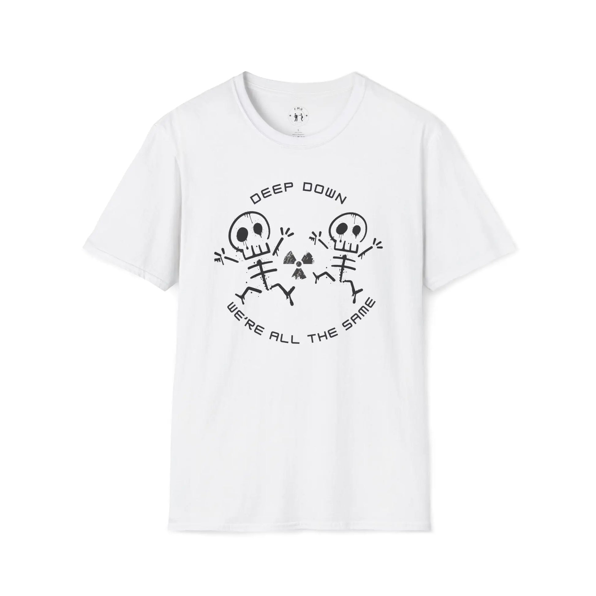 White t-shirt with black skeleton design and 'Deep Down We're All The Same' text on a white background
