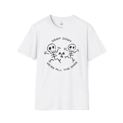 White t-shirt with black skeleton design and 'Deep Down We're All The Same' text on a white background