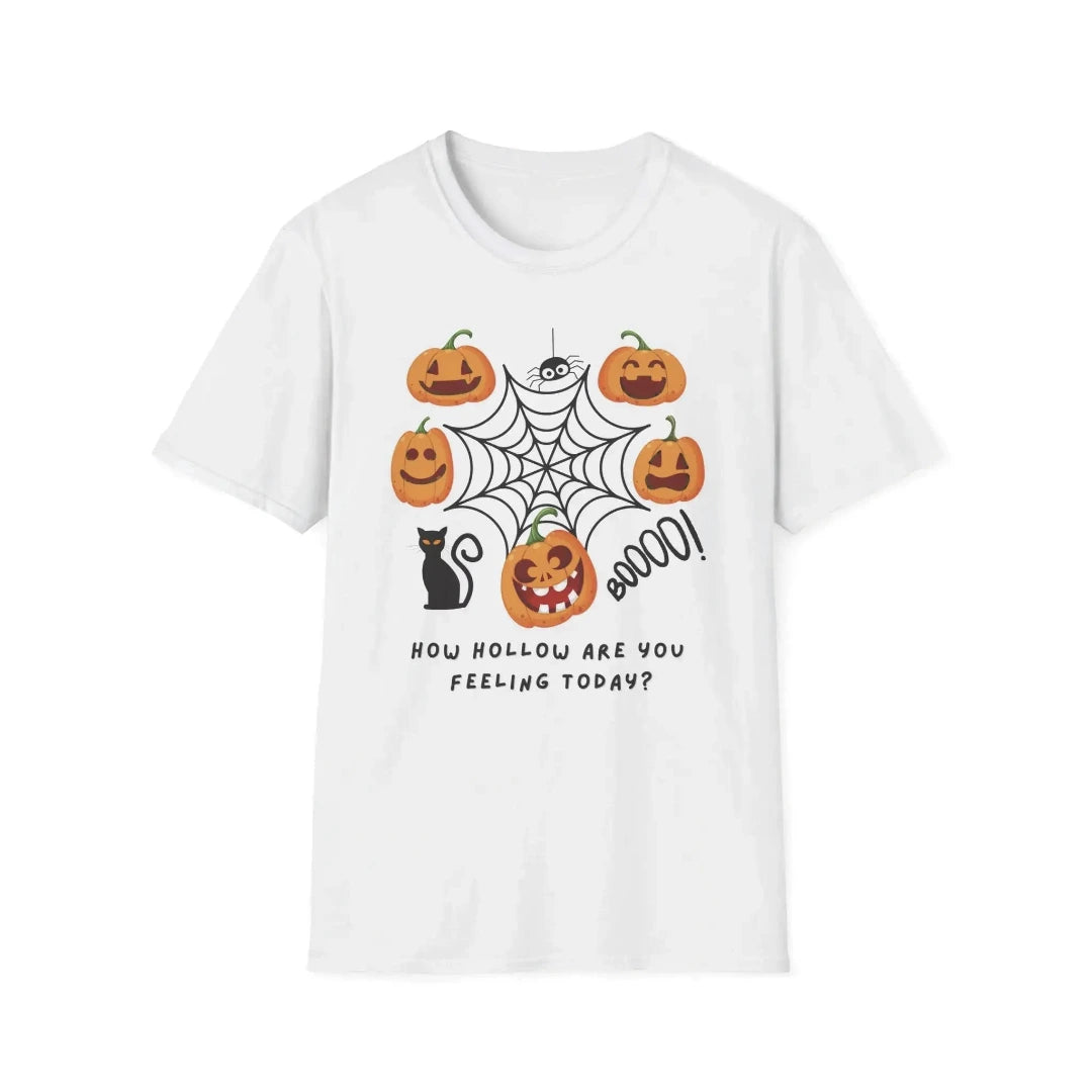 White t-shirt with Halloween logo featuring pumpkins and 'How hollow are you feeling today' text on a white background