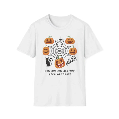 White t-shirt with Halloween logo featuring pumpkins and 'How hollow are you feeling today' text on a white background