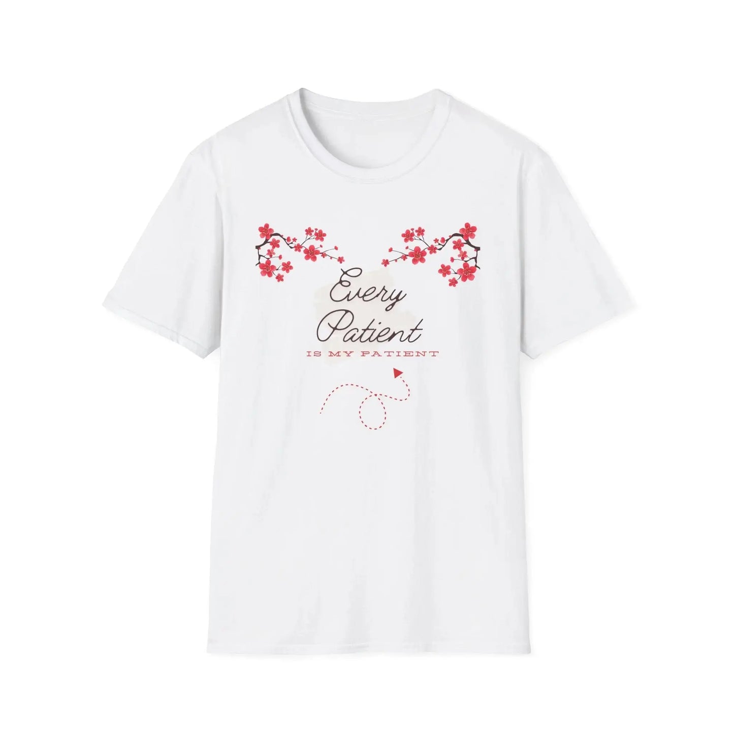 White t-shirt with Sakura floral design and 'Every Patient Is My Patient' text on a white background