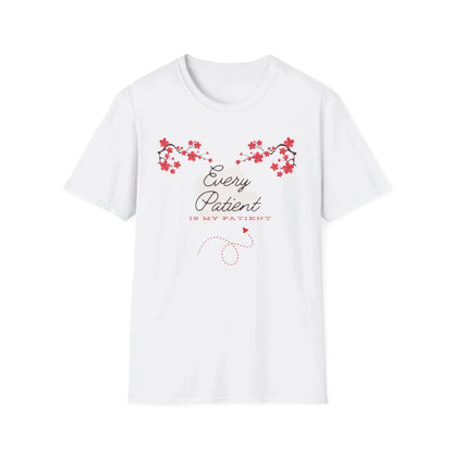 White t-shirt with Sakura floral design and 'Every Patient Is My Patient' text on a white background