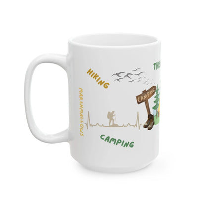 White mug with hiking and camping-themed illustrations and 'Camping and Hiking' text on a white background