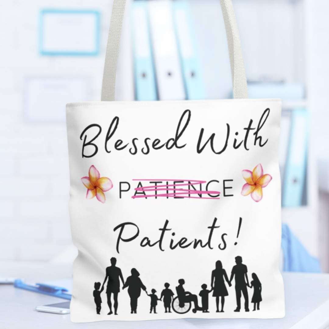 Tote bag with 'Blessed With Patience Patients!' text and family illustrations on a blurred background.