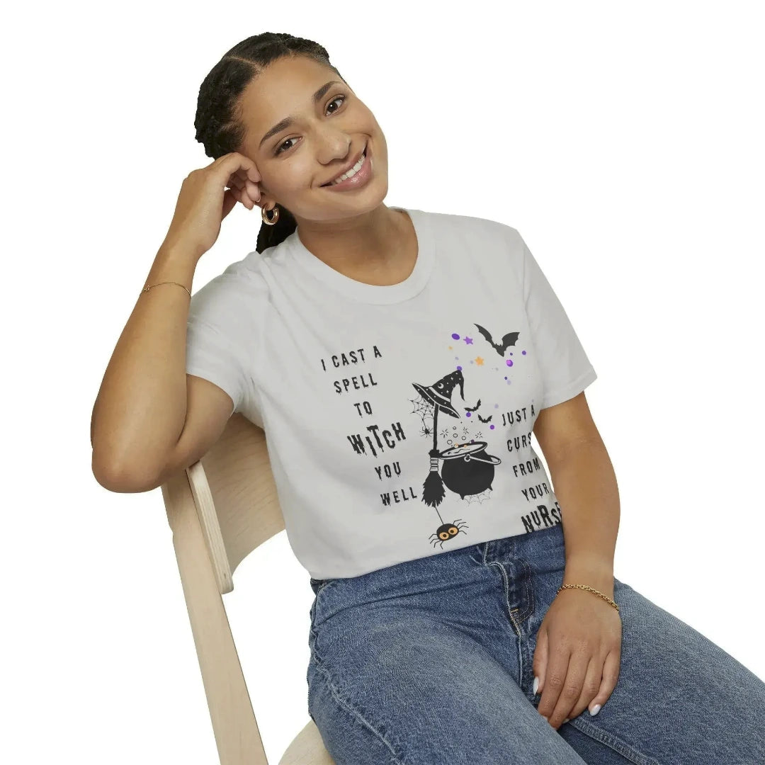 woman wearing a grey t-shirt  with 'I cast a spell to witch you well just a curse from your nurse' text quote on a white background.