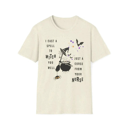 Natural color t-shirt with 'I cast a spell to witch you well just a curse from your nurse' text Quote on a white background.